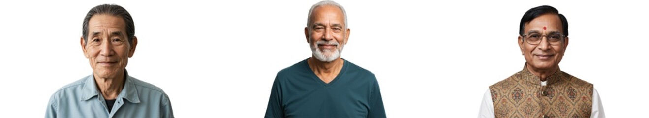 Obraz premium Three Elderly Asian Men Smiling on a Black Background, Each Representing Different Ages and Personalities