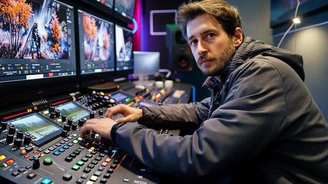 Live Broadcast Director Controlling Equipment in TV Studio