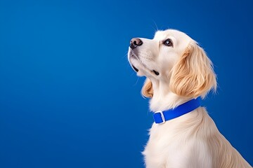 A cream-colored dog with floppy ears, wearing a blue collar, sits against a vibrant blue background, looking upward