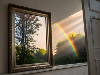 Framed Mirror in Room Reflecting Rainbow and Trees Outside.