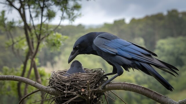 A caring raven attentively feeding its chick in a cozy nest nestled on a tree branch. This intimate moment between parent and offspring showcases the beauty and tenderness of wildlife