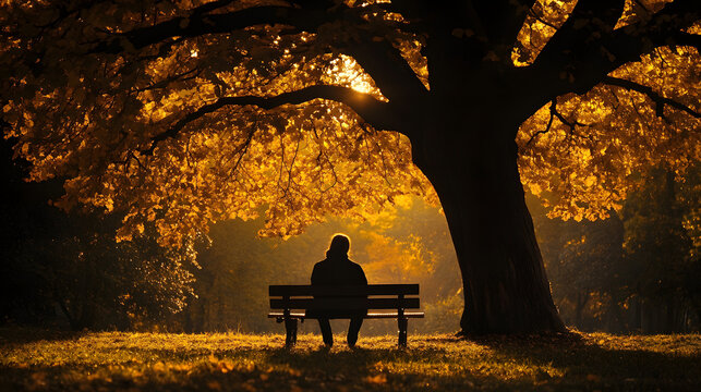 A moment of Thanksgiving reflection in a quiet park, with a person sitting on a bench under a large tree, offering a prayer of gratitude.