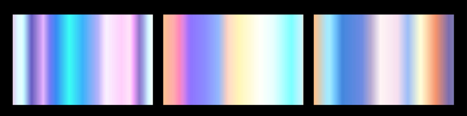Vector set of different holographic textured gradation swatch in frame. Background set. Overexposed film effect. 3d realistic style design of shiny blue, yellow and purple metallic gradient pattern