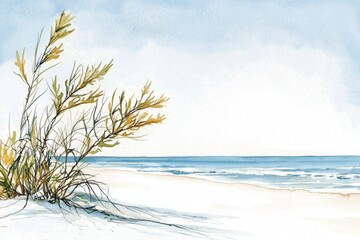 Lush Watercolor Beach Vegetation Set Along Seaside 