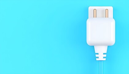 A minimalist illustration of a white power adapter with a light blue cable against a light blue background