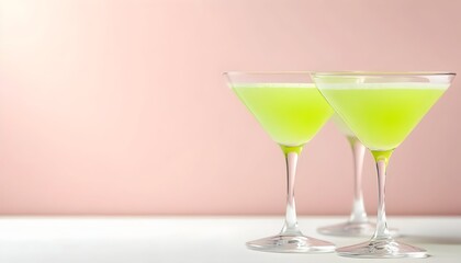 Three pastel green cocktails in martini glasses against a pink background