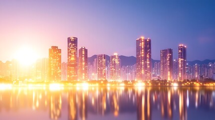 Fototapeta premium Vibrant cityscape at twilight, reflected in calm water