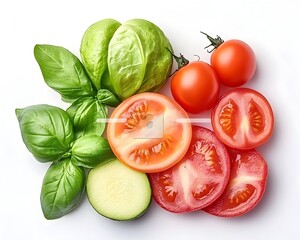 Vibrant fresh produce; tomatoes, basil, and zucchini slices arranged artfully