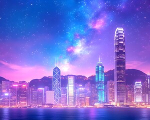 Vibrant cityscape at twilight under a cosmic sky