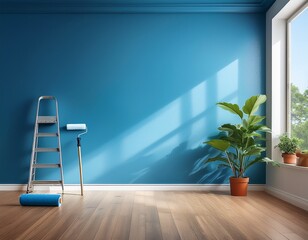 empty room with blue wall and wooden floor paint roller and plant near the window home interior design and renovation concept