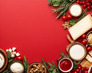 Vibrant red background framed by assorted cheeses, herbs, cherry tomatoes, nuts, and creamy sauces