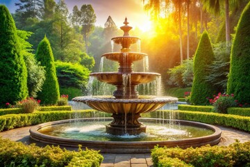 Majestic Multi-Tiered Fountain, Architectural Water Feature, City Park Landscape Photography