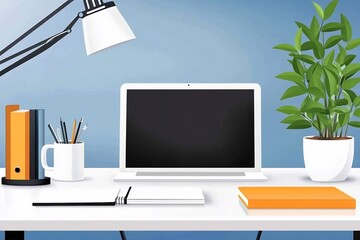 Fototapeta premium Neat workspace featuring white desk closed notebook pen stand coffee mug indoor plant with minimal Scandinavian decor