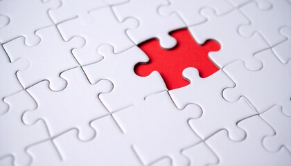 Fototapeta premium A close-up view of a white puzzle with one missing piece, revealing a bright red background, emphasizing the concept of completion and gaps