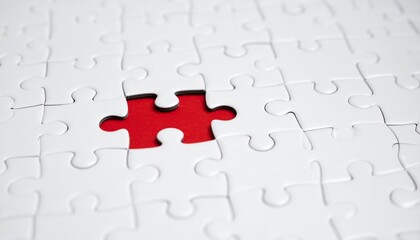 A nearly completed white jigsaw puzzle with a single red piece missing, highlighting the importance of completion and problem-solving