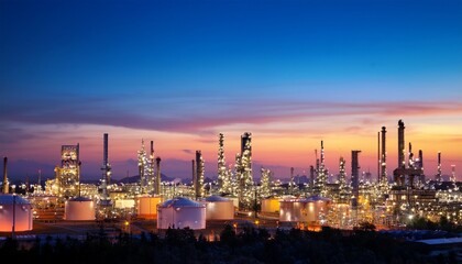 Obraz premium twilight view of an oil refinery with vibrant city lights glowing in the background skyline