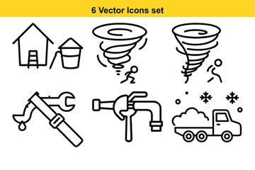 Obraz premium 6 Essential Vector Icons Home, Tornado, Wrench, Faucet, Snow Plow, Disaster Preparedness