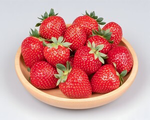 A wooden bowl overflowing with ripe, red strawberries