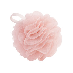 Soft pink shower puff, made of mesh material, perfect for bathing and exfoliating. Its delicate design adds touch of elegance to your bathing