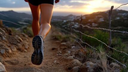 Runner strides on a scenic mountain trail at sunset.  A close-up view of the trail, focused on the runner's footwear