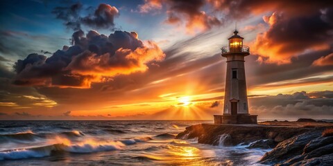 Majestic Sunset Seascape with Guiding Lighthouse