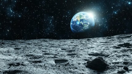 Earth rising over lunar landscape