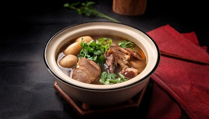 bak kut teh broth with tender meat presented in close up food photography