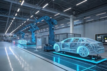 
Technician Activates Futuristic Automotive Factory, Warehouse Construction of Robotic Arms and Vehicle Frames. Advanced Manufacturing Visualization Digital Twin Technology and Smart Production System