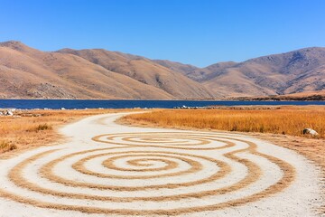 Scenic mountain lake path with spiral art design a tranquil landscape