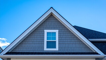 Obraz premium A close-up view of a triangular roof with a single window against a clear blue sky, showcasing modern architectural design