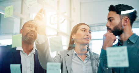 Collaboration, glass wall and thinking with business people in office for brainstorming or...