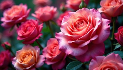 Fototapeta premium Intricate, densely packed blooming roses in vibrant hues , buds, elegant, summer