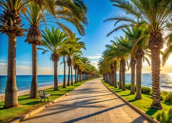 Obraz premium Mediterranean Coastal Walkway: Palm Trees & Sea, High-Resolution Stock Photo