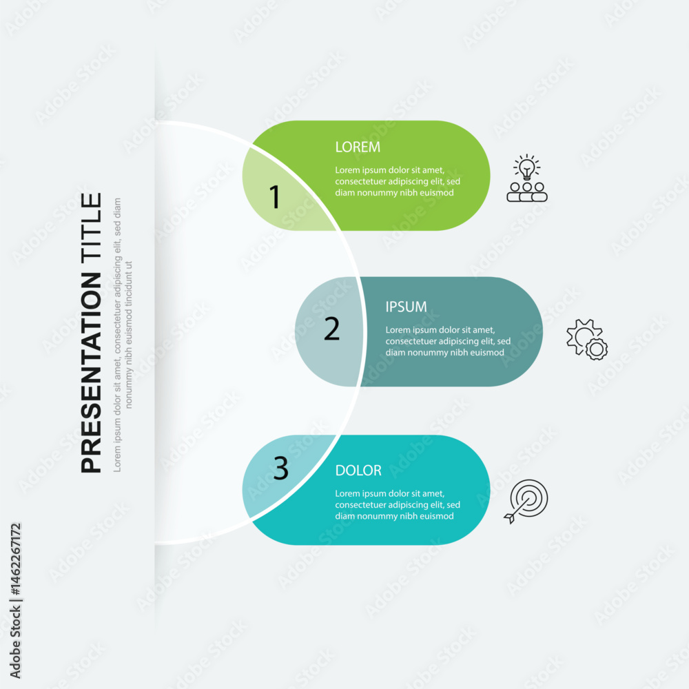 Poster 3 step process infographic template. Banner presentation with icons and 3 columns on circle. Vector illustration suitable for business information and web graphic design.