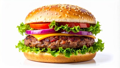 A delicious, colorful burger with lettuce, tomato, onion, cheese, and a sesame seed bun, showcasing a classic fast-food favorite