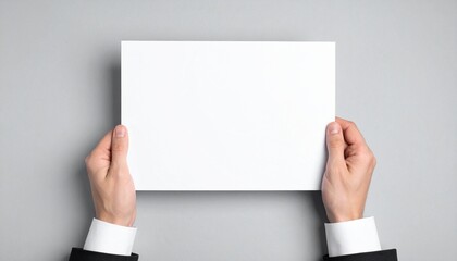 Obraz premium A person holding a blank white sheet of paper against a gray background, suggesting a space for creativity or communication