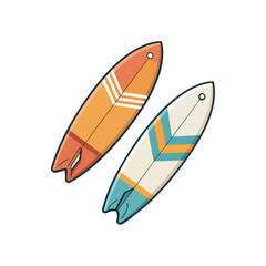 Two colorful surfboards are standing upright on the sand, ready for a day of surfing, with a transparent background