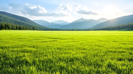 Fototapeta premium Lush green meadow stretches towards sunlit mountains under a partly cloudy sky