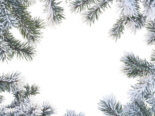 Snow covered fir branches border on transparent background