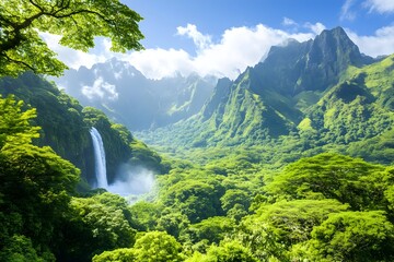 Lush tropical valley with cascading waterfall, sunlit mountains, and vibrant green foliage
