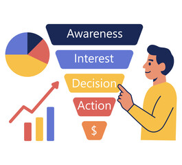 vector illustration depicts scenes of individuals analyzing data with charts and graphs, using laptops, and explaining marketing concepts. Facial expressions show focus and enthusiasm