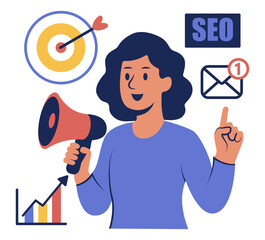 vector illustration depicts scenes of individuals analyzing data with charts and graphs, using laptops, and explaining marketing concepts. Facial expressions show focus and enthusiasm