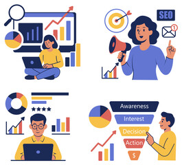 vector illustration depicts scenes of individuals analyzing data with charts and graphs, using laptops, and explaining marketing concepts. Facial expressions show focus and enthusiasm