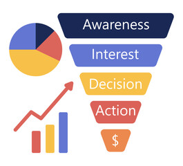 vector illustration depicts analyzing data with charts and graphs, and explaining marketing concepts
