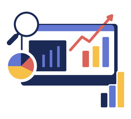 vector illustration depicts analyzing data with charts and graphs, and explaining marketing concepts