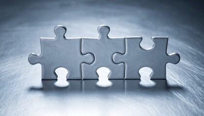 Fototapeta premium A close-up of three interlocking silver puzzle pieces on a textured surface, symbolizing connection and problem-solving