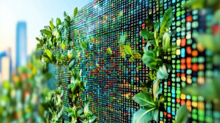 Vibrant data wall, plants growing on colorful digital display, urban backdrop