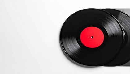 A pair of classic vinyl records, showcasing a sleek design with a prominent red center, resting on a clean white background