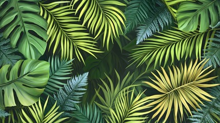Vibrant tropical foliage pattern on a dark background.