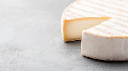 Round cheese wheel, sliced, showing creamy interior